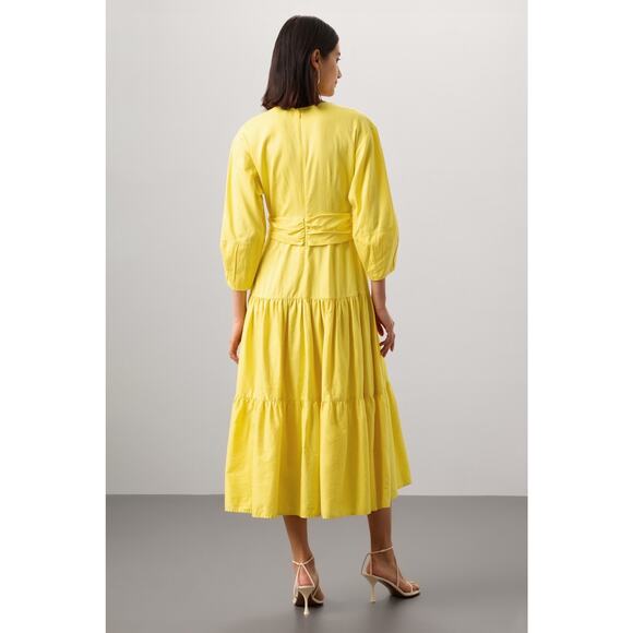 DEREK LAM COLLECTIVE Yellow V-Neck Hourglass Twist Front Tiered Mini Dress 36 - Picture 2 of 16